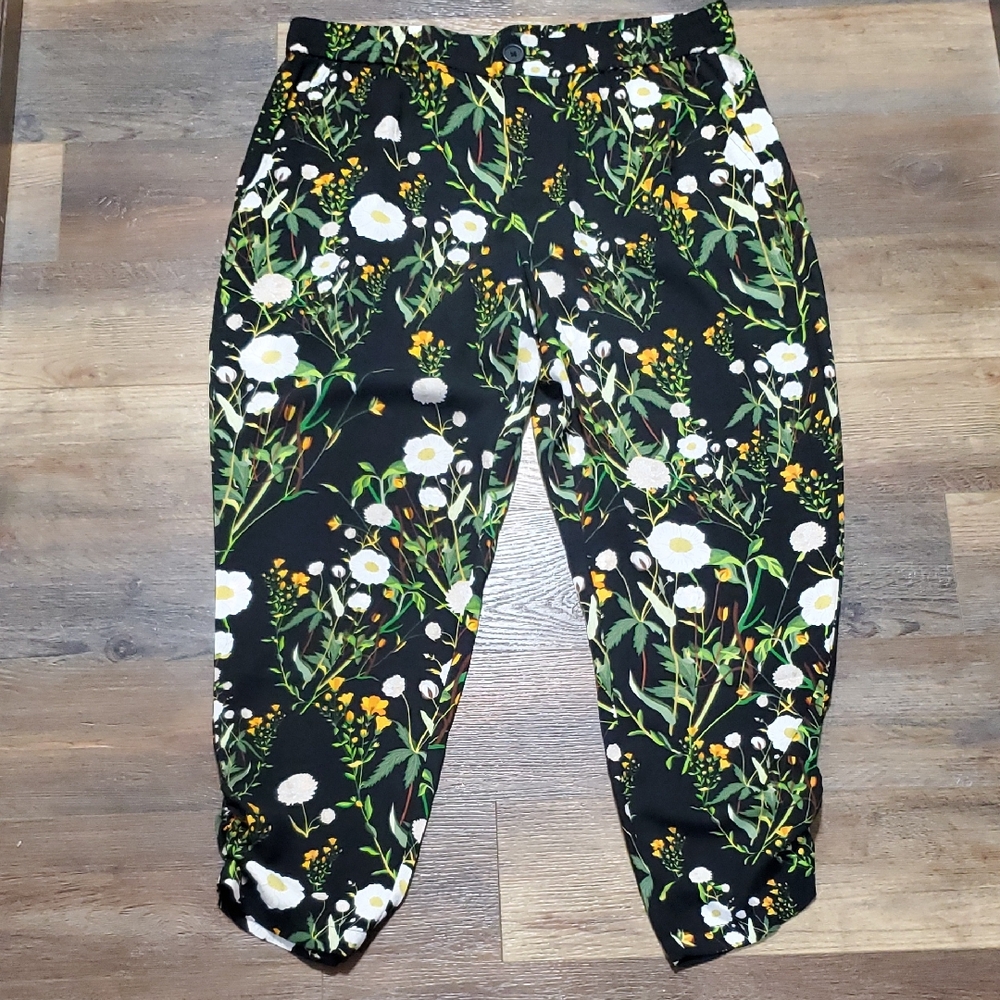 CAbi Floral Ankle Pants - Black, White, Green, Yellow